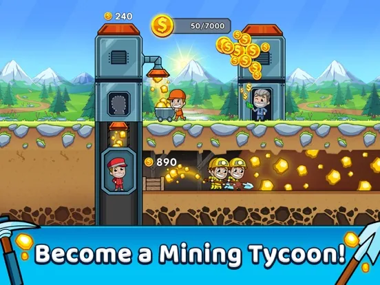Cena de um jogo idle de mineração com moedas de ouro a caírem